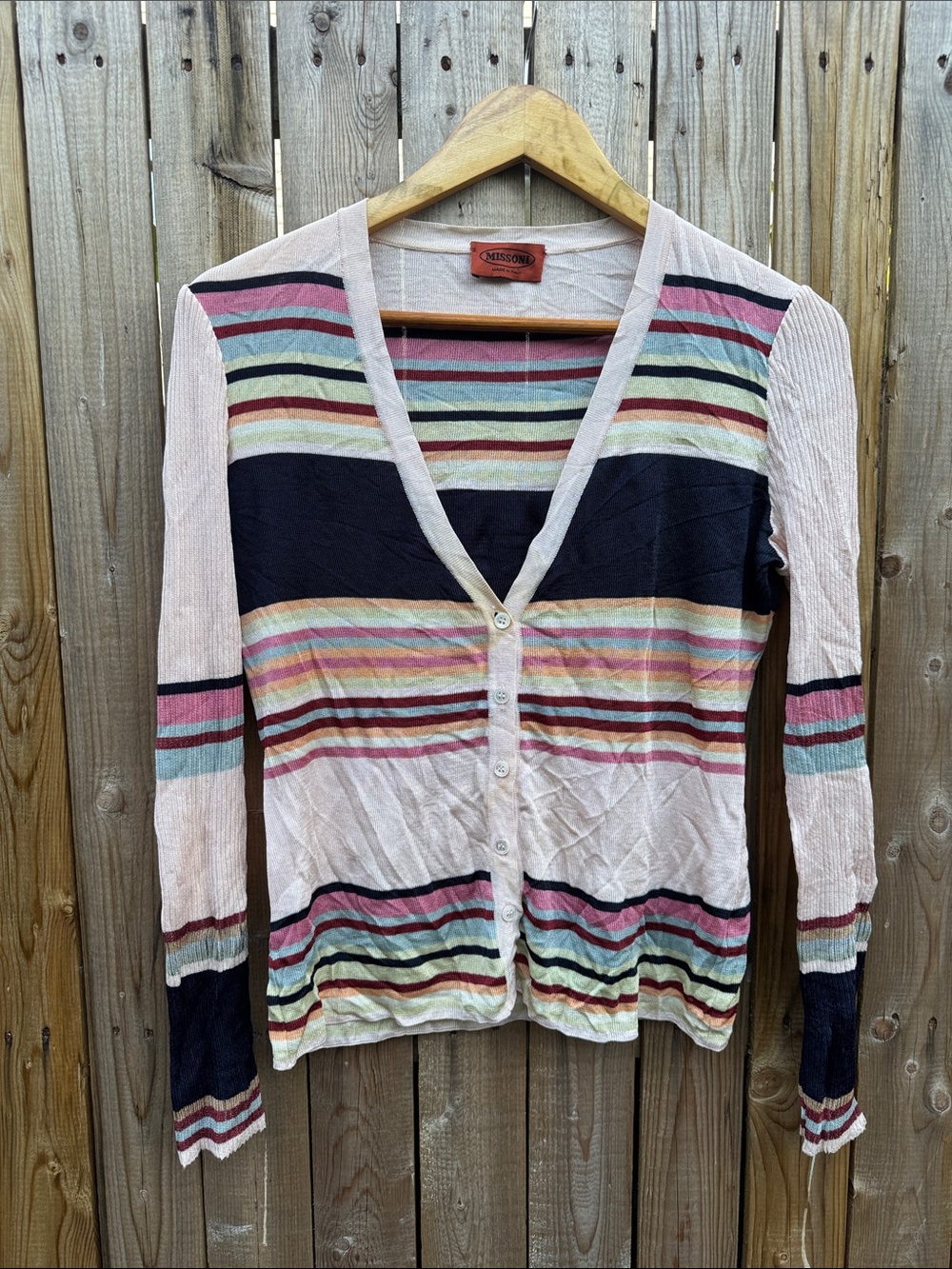 Missoni Multistripe V-Neck Button Cardigan in Pink, Navy, Cream